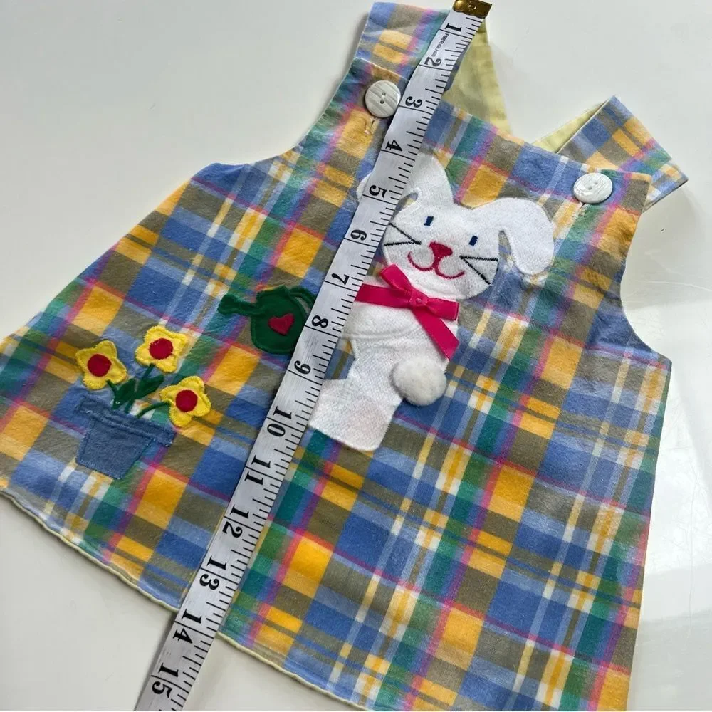 Vintage 1986 Bunny Embroidered Pastel Plaid Pinafore Overalls Cotton Apron Dress